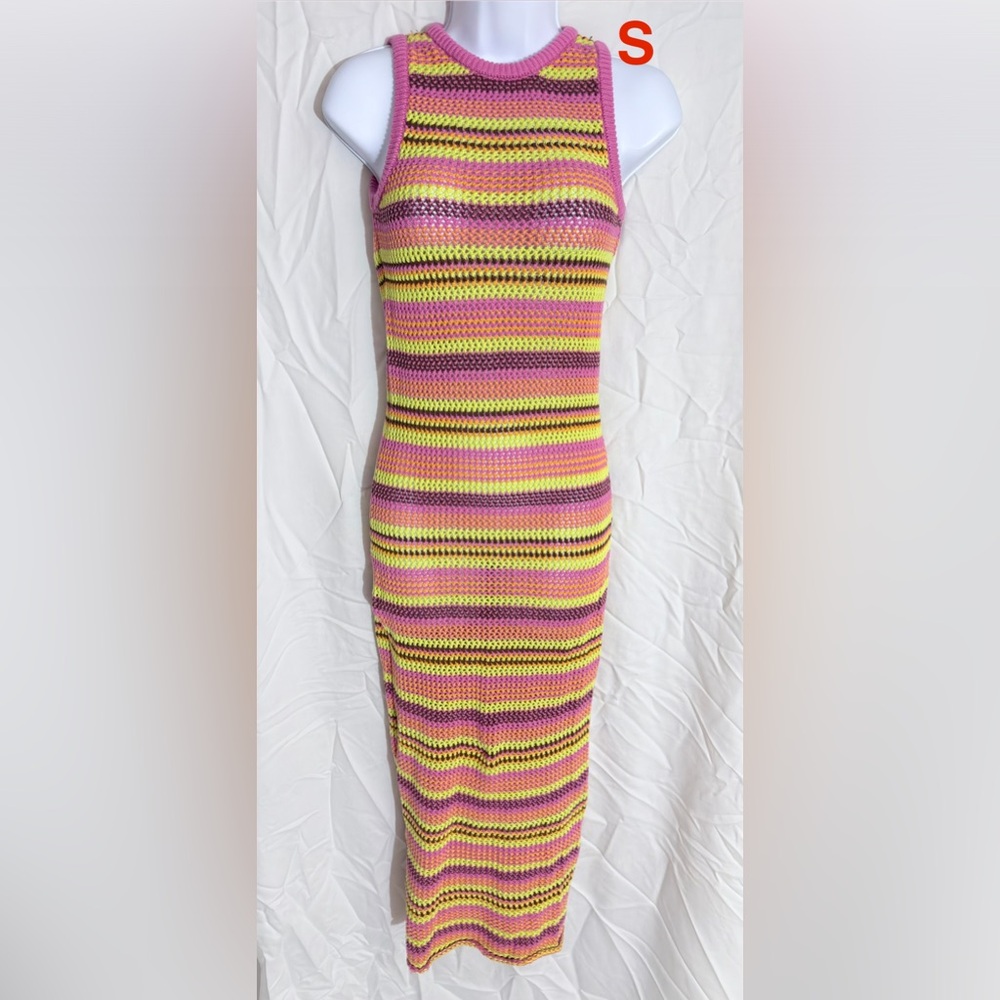 Forever 21 Pink Yellow Striped Crochet Midi Dress